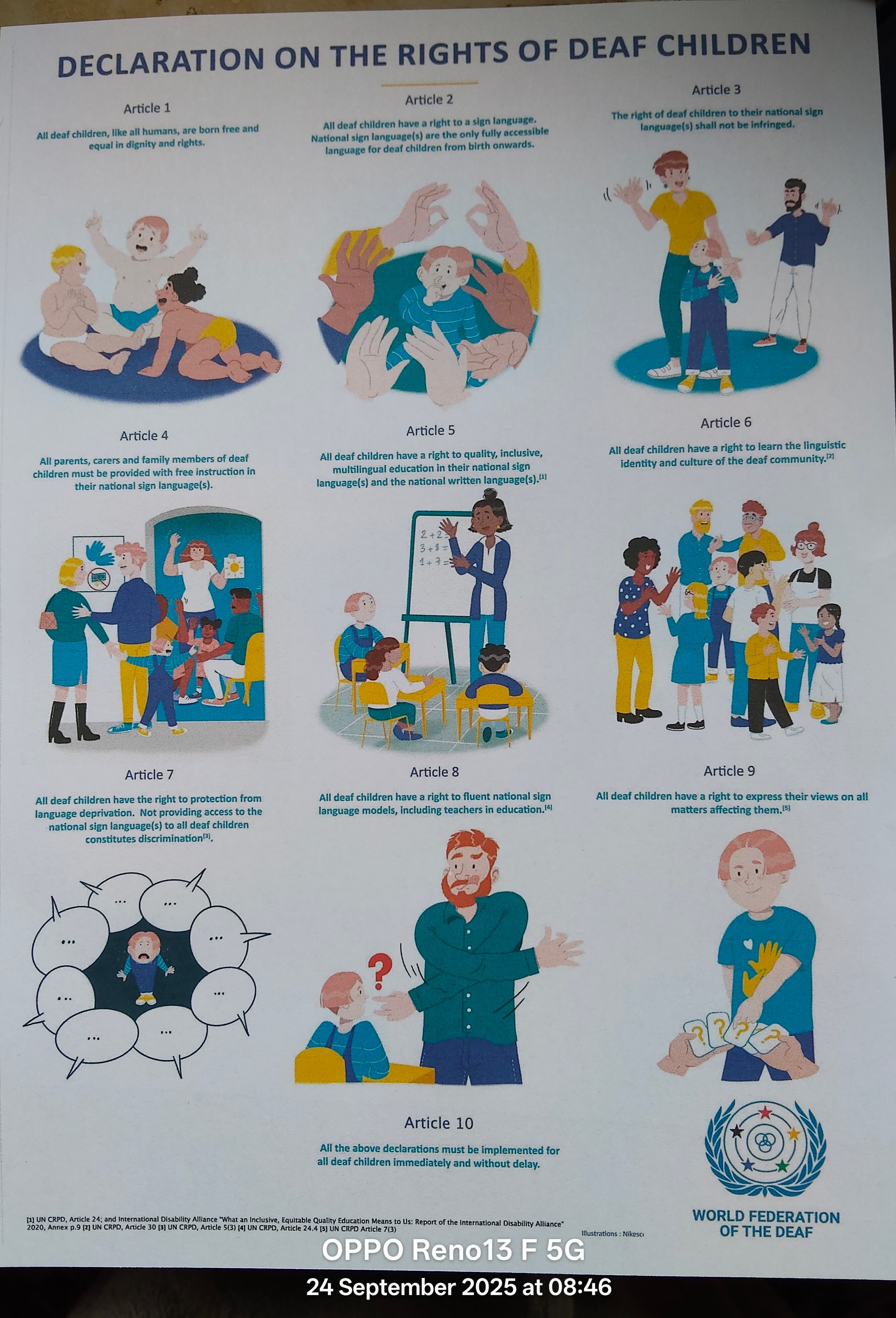 Infographic titled 'Declaration on the Rights of Deaf Children' featuring illustrations representing various articles related to the rights of deaf children, including their right to sign language education and protection from language deprivation.