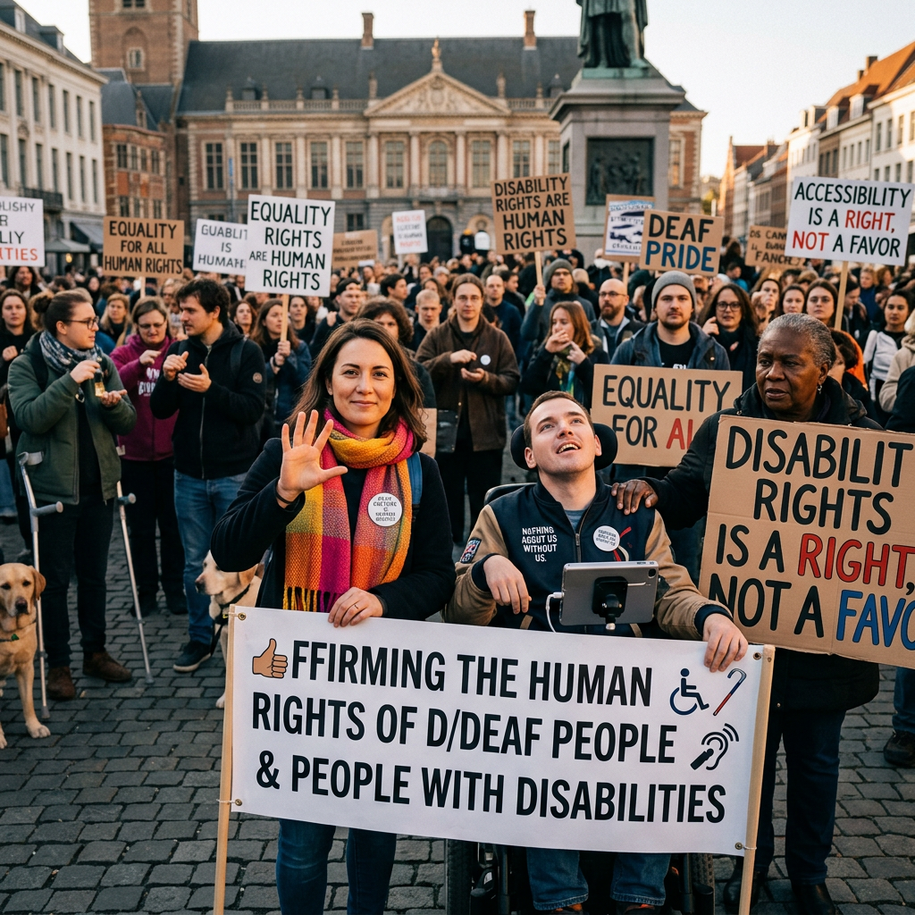 Protesters hold signs reading “Affirming the human rights of D/Deaf people and people with disabilities,” “Disability rights are human rights,” “Equality rights are human rights,” and “Accessibility is a right, not a favor.”